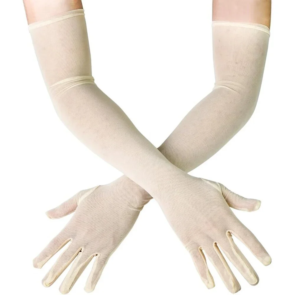 Women's Tulle Beige Long Sheer Silk Gloves Elbow Length Sun Protection Party